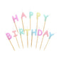 The PAPSTAR The letter candle set features pastel-colored letter candles spelling out "Happy Birthday" (8 cm), each mounted on a wooden stick. Available in pink, yellow, blue, purple, and green. Sold in a box containing 12 packs of PAPSTAR GmbH.