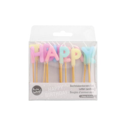 The PAPSTAR The letter candle set consists of pastel-colored letter candles spelling out "HAPPY BIRTHDAY," each measuring 8 cm and mounted on gold sticks. Twelve pieces per box, packaged in a clear box labeled "Letter Candles" and "HAPPY BIRTHDAY." Brand: PAPSTAR GmbH.