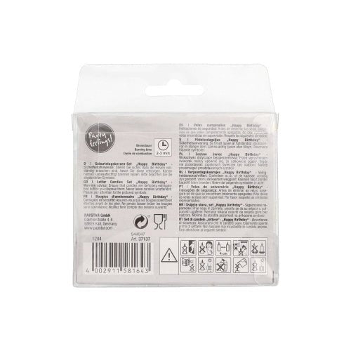 Rear view of the PAPSTAR Pastel 8 cm "Happy Birthday" Letter Candle Sets (Pack of 12) from PAPSTAR GmbH, with text, symbols, and instructions in multiple languages on a clear box featuring a barcode and handling symbols on the bottom.