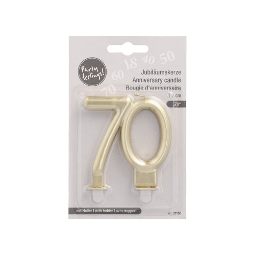 PAPSTAR GmbH Jubiläumskerzen mit Halter 7 cm "70": Goldene Zahlenkerzen in Form von "7" und "0", ideal für 70. Geburtstage oder Jubiläen, beschriftet in Deutsch, Englisch und Französisch.