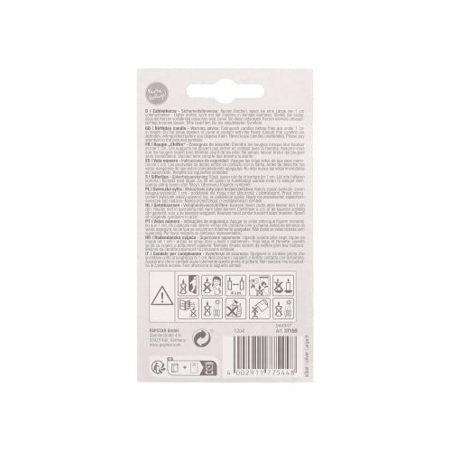The back of the PAPSTAR GmbH number candle with holder 7 cm "silver" is predominantly white with black and gray text, with multilingual information, safety instructions, recycling symbols, usage symbols, and a barcode.