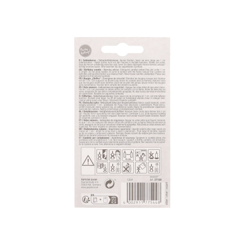 Auf der Rückseite der PAPSTAR Zahlenkerze mit Halter 7 cm "3" befinden sich Hinweise und Warnungen in mehreren Sprachen, Sicherheits- und Recyclingsymbole, ein Barcode und das Logo der PAPSTAR GmbH oben links.