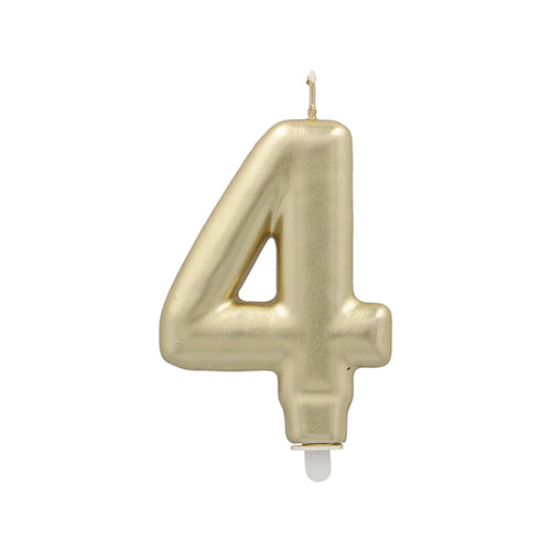 Die PAPSTAR GmbH Zahlenkerze mit Halter 7 cm "4" ist eine goldfarbene Kerze in Form der Zahl 4, die auf einem schlichten weißen Hintergrund abgebildet ist.