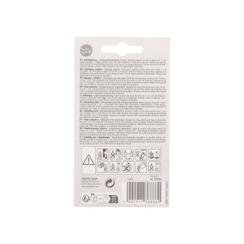 Back of an PAPSTAR GmbH number candle with holder 7 cm "silver" with safety instructions, multilingual warnings, barcode, safety and recycling symbols, and hanging tab - ideal for birthdays or special occasions.