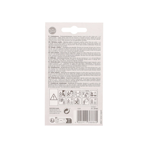 Auf der Rückseite der PAPSTAR Zahlenkerze mit Halter 7 cm "4" von PAPSTAR GmbH befinden sich Hinweise und Warnungen in mehreren Sprachen, Warnsymbole, ein Barcode, eine Aufhängelasche am oberen Rand und ein kleiner schwarzer Text auf weißem Hintergrund.