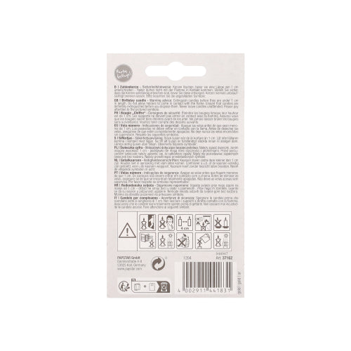 Rückseite der PAPSTAR Zahlenkerze mit Halter 7 cm "5" von PAPSTAR GmbH Verpackung mit mehrsprachigem Text, Sicherheitssymbolen, Barcode und Recycling-Symbolen auf weißem Hintergrund.