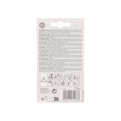 Auf der Rückseite der PAPSTAR Zahlenkerze mit Halter 7 cm "7" von PAPSTAR GmbH befinden sich mehrsprachige Hinweise und Warnungen, Warnsymbole, ein Barcode und Recyclingsymbole auf überwiegend weißem Hintergrund.