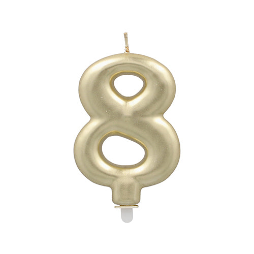 Die PAPSTAR Zahlenkerze mit Halter 7 cm "8" von der PAPSTAR GmbH ist eine goldfarbene Geburtstagskerze in Form der Zahl Acht, die auf einem schlichten weißen Hintergrund steht.