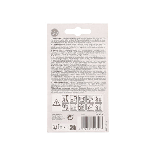 Rückseite der Verpackung von PAPSTAR Zahlenkerze mit Halter 7 cm "9" (PAPSTAR GmbH) mit kleinem mehrsprachigem Text, Warnsymbolen, Barcode und Recyclinginformationen auf weißem Hintergrund.