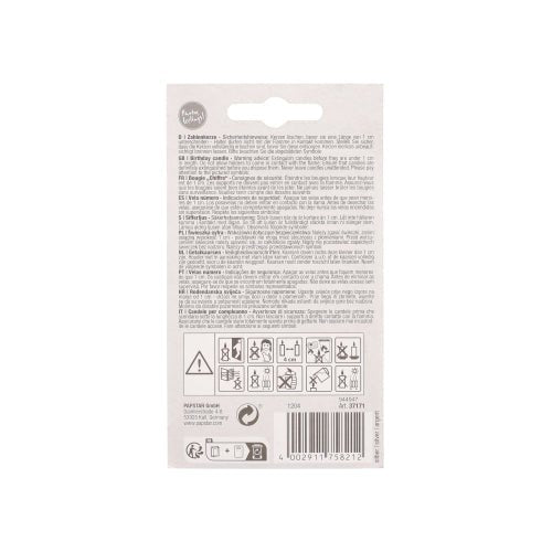 The PAPSTAR GmbH number candle with holder 7 cm "silver" features multilingual information, safety symbols, a barcode, and a small text on the back as well as a hanging tab on the top - ideal for hanging.