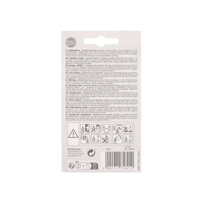The PAPSTAR GmbH number candle with holder 7 cm "silver" features multilingual information, safety symbols, a barcode, and a small text on the back as well as a hanging tab on the top - ideal for hanging.