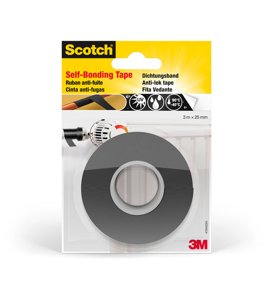Abgebildet ist eine Verpackung von Scotch® selbstverschweißendes Reparaturband GFNSP 4704 (25 mm x 3 m, Schwarz) der 3M Deutschland GmbH. Die Verpackung zeigt das schwarze Band und die Eigenschaften für UV-, Wasser- und Hitzebeständigkeit in mehreren Sprachen.
