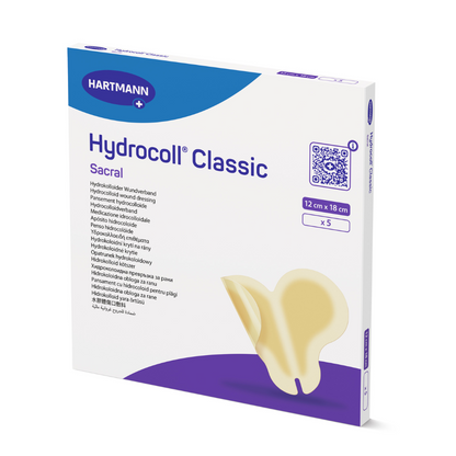 A package of Hartmann Hydrocoll Classic Sacral sterile individually sealed 12 x 18 cm by Paul Hartmann AG contains 5 wound dressings for moist wound treatment. The package contains product details and a bandage illustration.