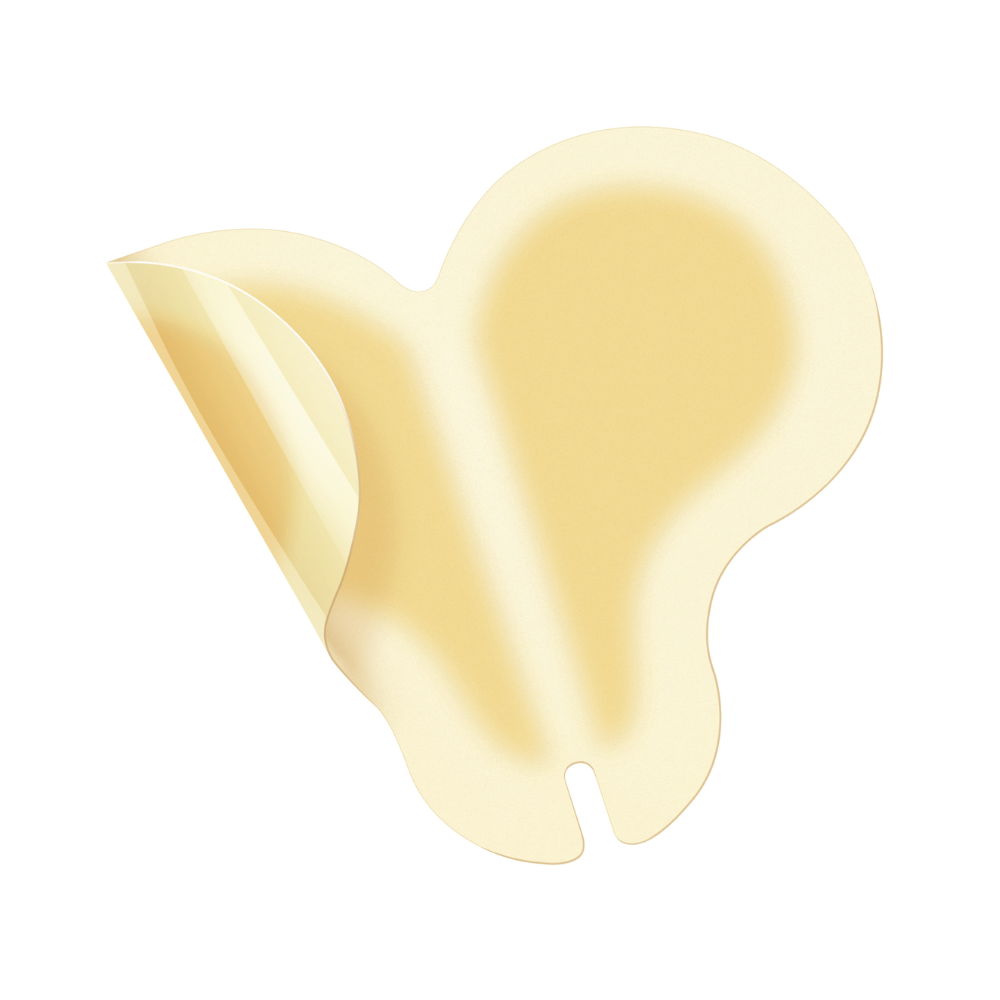 On a white background, a single Hartmann Hydrocoll Classic Sacral dressing (12 x 18 cm, beige, butterfly shape) by Paul Hartmann AG is partially peeled off the backing for moist wound treatment. Package contains 5 pieces.