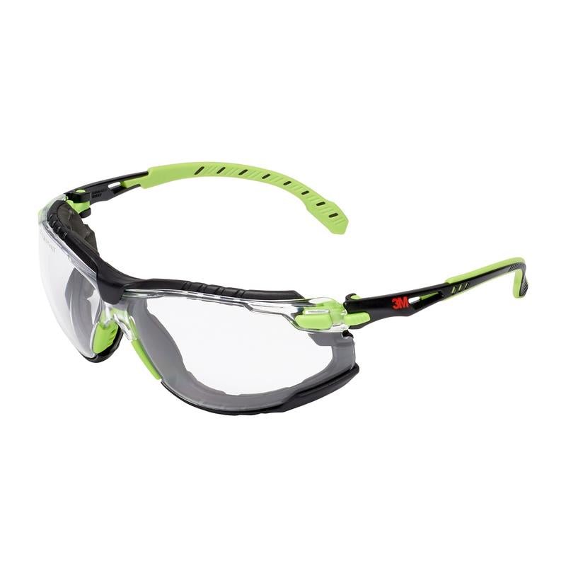 The 3M™ Solus™ Safety Glasses 1000 from 3M Deutschland GmbH feature clear lenses, green and black temples, a wraparound design, contoured plastic frames with ventilated temple tips, and Scotchgard™ anti-fog coating.
