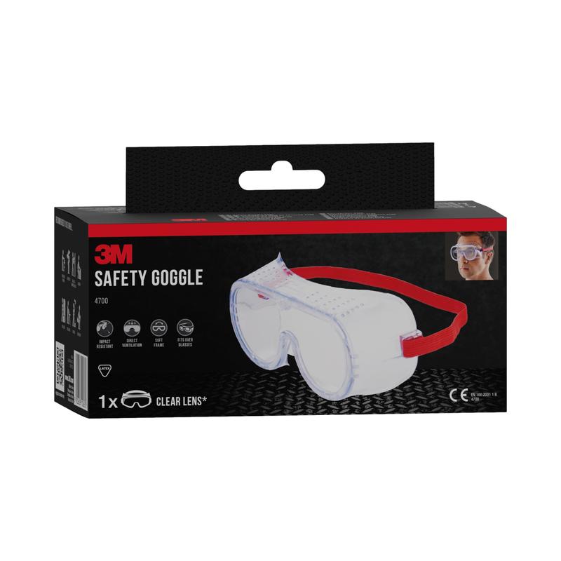 A black and red box of 3M™ Classic Safety Glasses 4700 from 3M Deutschland GmbH shows clear glasses with a red band and a small image showing the directly ventilated clear lens in use.