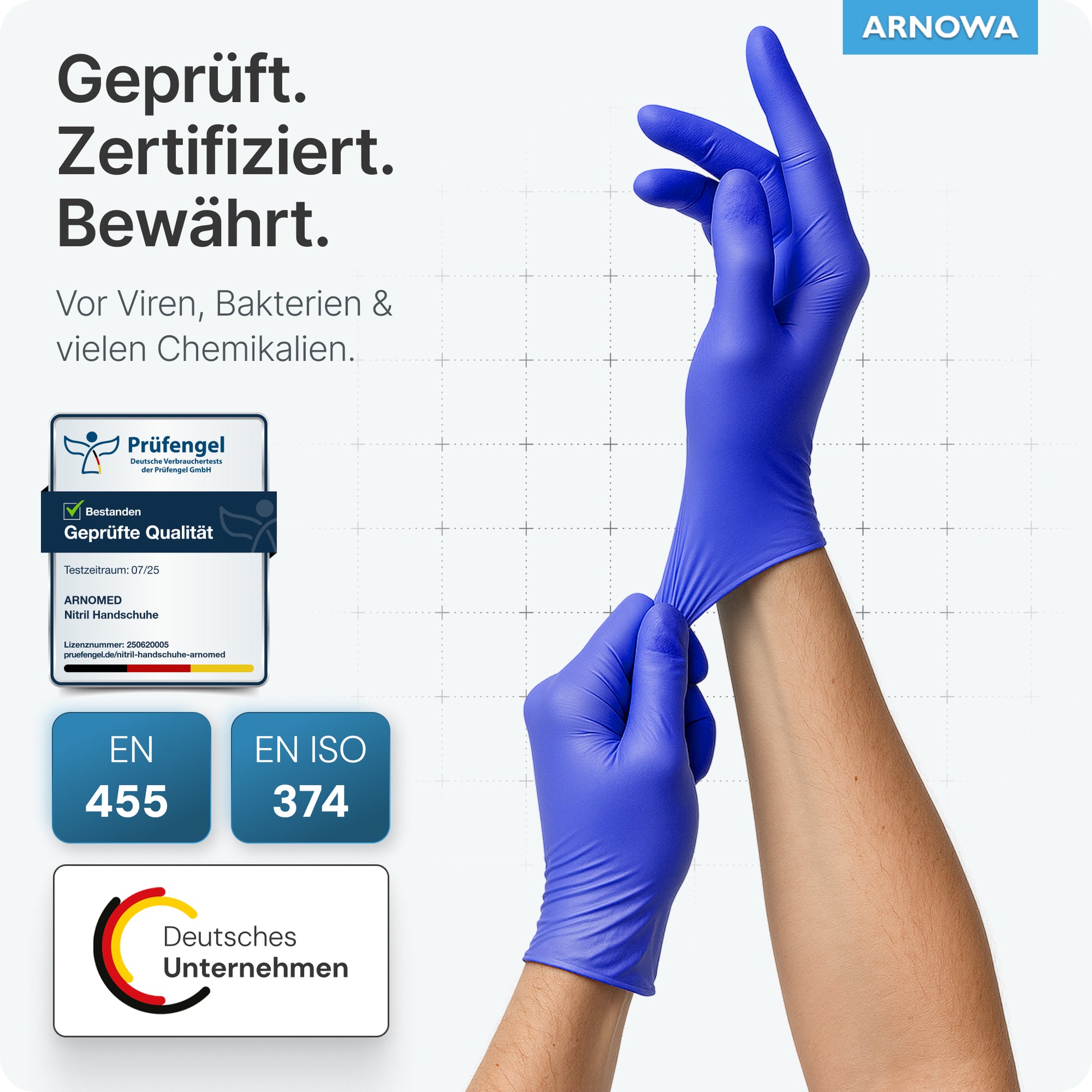 Eine Person zieht ARNOMED NITRIL OCEAN BLUE Einmalhandschuhe von ARNOWA GmbH an. Das Bild zeigt Zertifizierungsplaketten, Viren- und Bakterienschutz, EN 455 & EN ISO 374 Normen, ARNOVA Logo, Deutsches Unternehmen Logos, und zeigt, dass die Handschuhe latexfrei sind.
