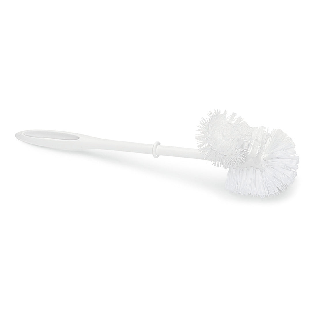 A Nölle Profi Brush toilet brush with rim cleaner (38 cm, PP bristle) from Nölle Profi Brush brush & paintbrush technology e.K. with white long handle, large and small double round head lies on a white background.