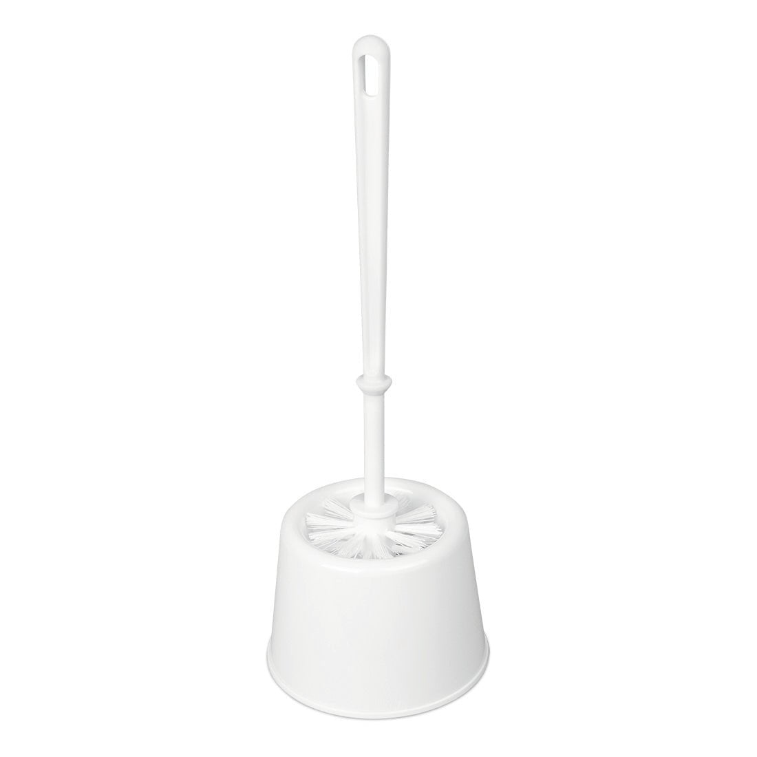 The Nölle Profi Brush toilet set, Topform (Ø 75 mm, white PP bristle) from Nölle Profi Brush Bürsten- & Pinseltechnik e.K. is a white toilet brush with holder, ideal for hygienic cleaning and stands upright against a white background.