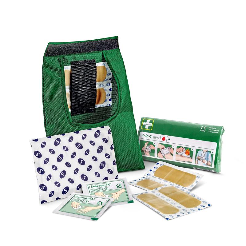 The Orkla Wound Care AB First Aid Kit SMALL (1 piece) contains bandages, plasters, antiseptic wipes, and an illustrated guide in a compact green emergency bag on a white background.