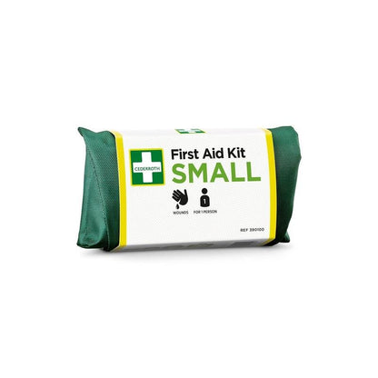A green-white Orkla Wound Care AB First Aid Kit SMALL (1 piece) for wounds and one person, reference 930100, is packaged in a sturdy green fabric bag with symbols.
