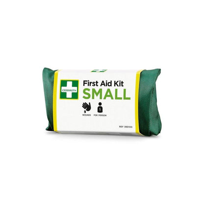 The Orkla Wound Care AB First Aid Kit SMALL | Package (1 piece) is a compact, green-white first aid kit for wounds and individual use, with hand and person symbols on the packaging.