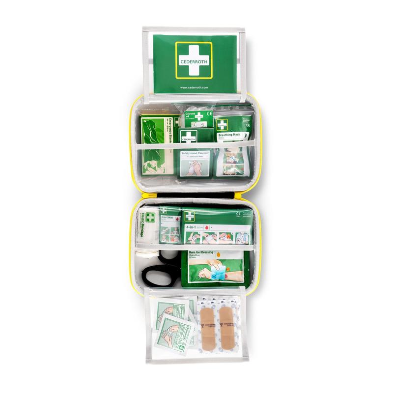 The First Aid Kit MEDIUM from Orkla Wound Care AB offers labeled compartments with bandages, a resuscitation mask, scissors, wound cleaner, burn gel, and plasters in a compact soft case - neatly organized.