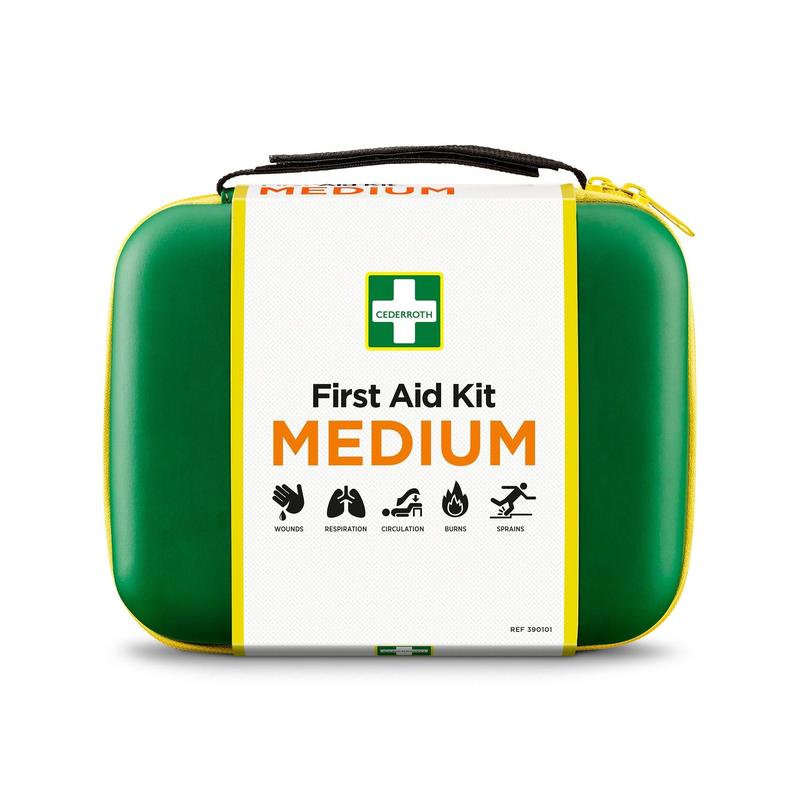 The Orkla Wound Care AB First Aid Kit MEDIUM (1 piece) is a green-yellow first aid kit with symbols for wounds, breathing, circulation, burns, and sprains. It has a zipper and a carrying handle on the top.