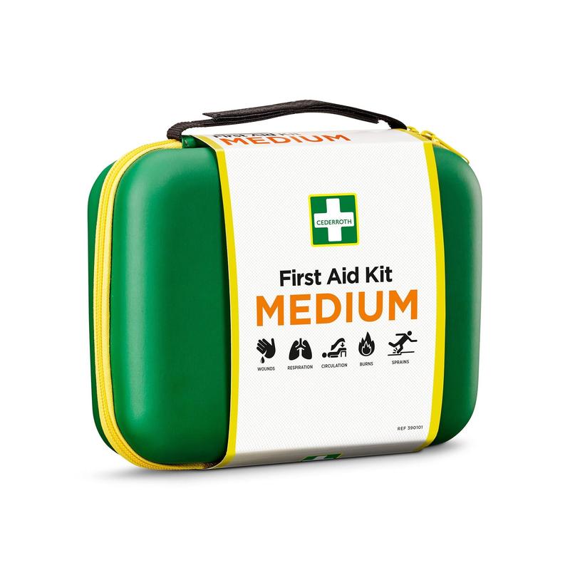 A compact, green-yellow Orkla Wound Care AB First Aid Kit MEDIUM (1 piece) with symbols for wounds, breathing, circulation, burns, and sprains. Features a carrying handle and a yellow zipper - ideal for emergency situations.