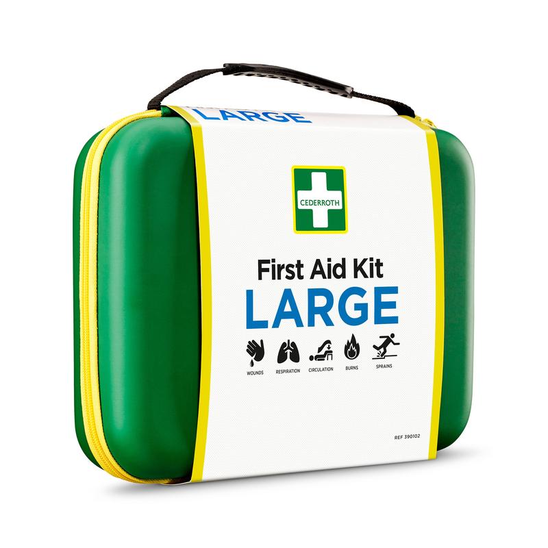 The LARGE First Aid Kit from Orkla Wound Care AB is a green-yellow first aid kit with a handle and white front, marked with symbols for wounds, burns, sprains, and more - perfect for emergencies. Package: 1 piece.
