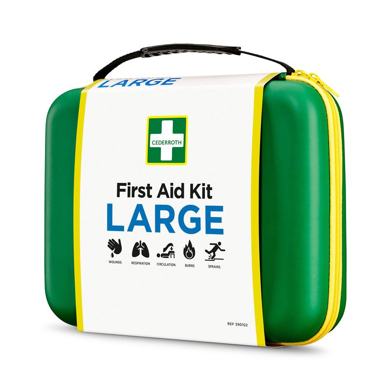 A green-yellow hard-shell Orkla Wound Care AB First Aid Kit LARGE (1 piece) with a black handle and yellow zipper, labeled with "First Aid Kit LARGE", designed for emergencies such as wounds, burns, sprains, circulation, and breathing.