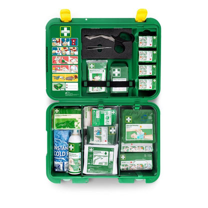 The Orkla Wound Care AB First Aid Kit X-LARGE | Package (1 piece) contains bandages, gauze, scissors, tweezers, instruction cards, cold compresses, and other utensils - all neatly organized for emergencies.