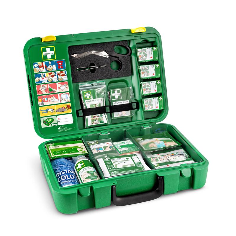An opened Orkla Wound Care AB First Aid Kit X-LARGE | Package (1 piece) shows neatly arranged medical supplies - bandages, scissors, gloves, cold set, and a pictorial guide - ready for emergencies.