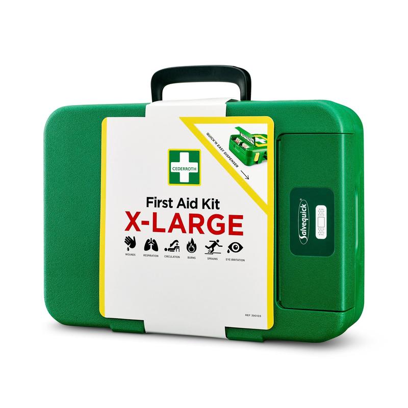A large green plastic Orkla Wound Care AB First Aid Kit X-LARGE | Package (1 piece) with a black handle, labeled with "First Aid Kit X-Large" and symbols for breathing, resuscitation, circulation, sprains, and eye infection - ideal for emergencies.