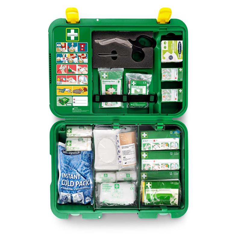 The Orkla Wound Care AB First Aid Kit DIN | Package (1 piece) contains bandages, gauze, adhesive tape, scissors, gloves, an instant cold pack, a first aid guide and has a pictorial emergency guide in the lid.