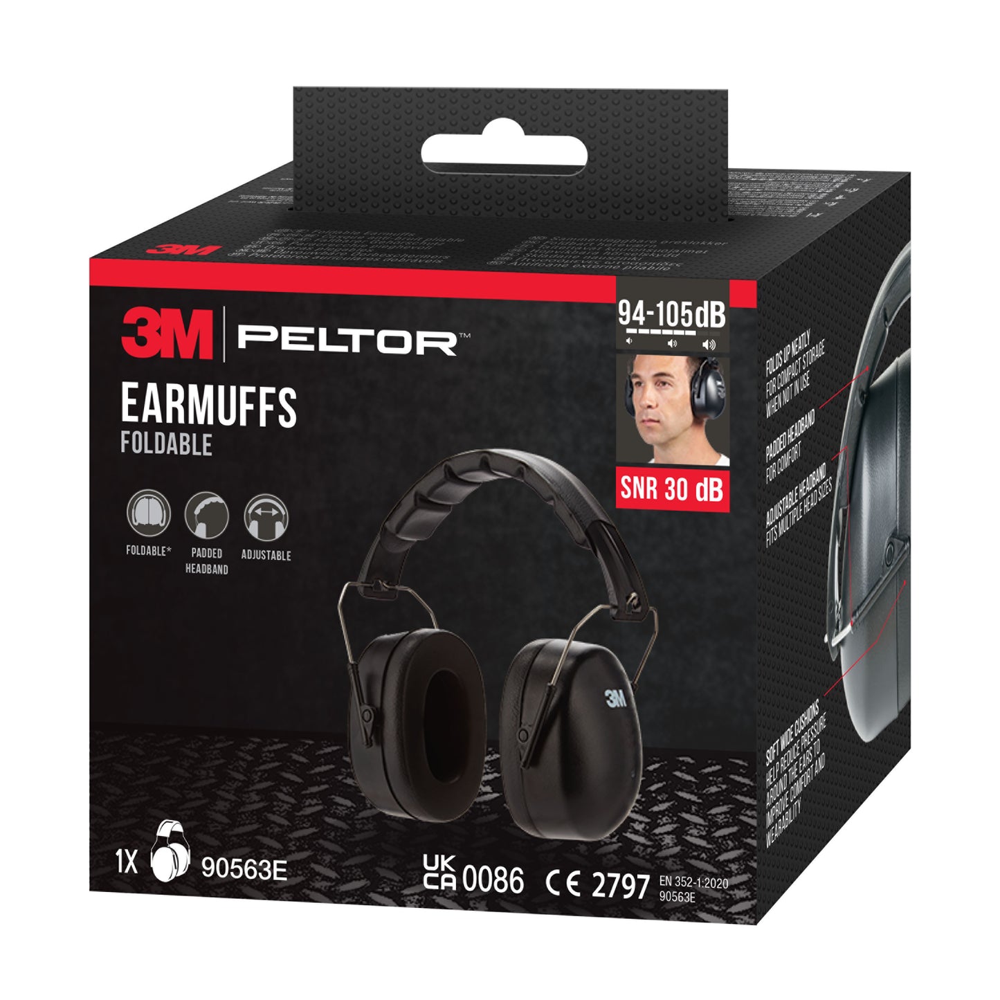 Die Verpackung des 3M™ Kapselgehörschützers mit faltbarem Kopfbügel 90563E, SNR 30 dB, zeigt das schwarze Modell, Produktinfos sowie ein kleines Foto einer Person mit getragenem Gehörschutz. Hersteller: 3M Deutschland GmbH.