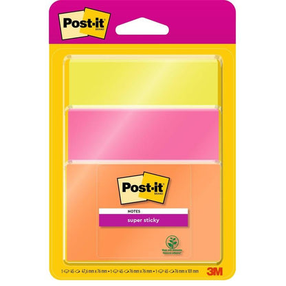A pack of Post-it® Super Sticky Notes from 3M Deutschland GmbH contains 3 PEFC-certified pads (76x76 mm, 45 sheets each) in various colors. The packaging displays the Post-it® brand and sticky notes label with the 3M logo.