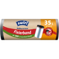 A roll of Swirl fastening tape garbage bags 35 l tear-resistant & leak-proof by Melitta Europa GmbH & Co. KG, with elastic fastening tape, holds 10 bags/roll (100% recycled plastic), with a garbage bin image and red-green German packaging.
