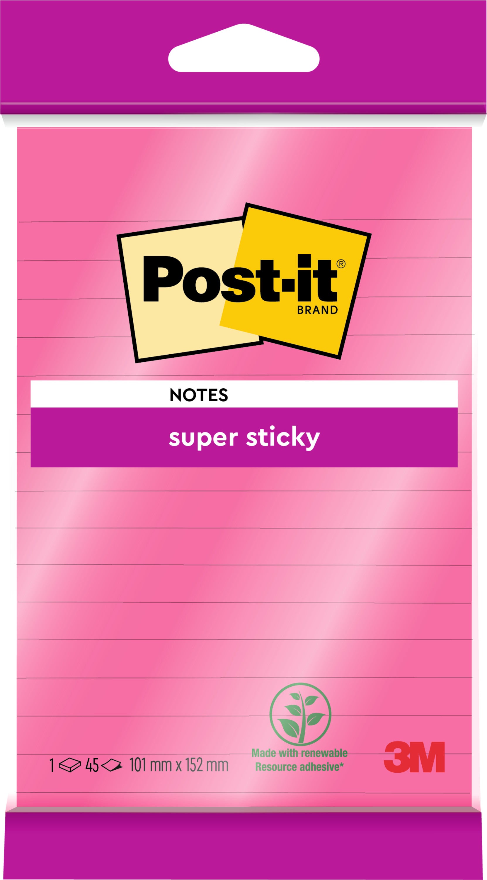 Eine Packung Post-it® Super Sticky Notes Großformat, pink, liniert (101 mm x 152 mm, 45 Blatt), von 3M Deutschland GmbH. Enthält das PEFC-Logo und die Kennzeichnung SGSCH-PEFC-COC-110078 auf dem Etikett.