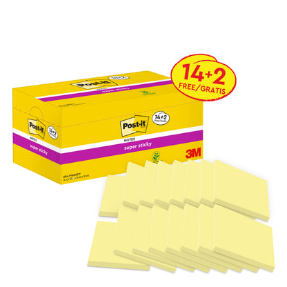 A yellow box of Post-it® Super Sticky Notes, Yellow, 76 x 76 mm (14 pads + 2 free/package, 90 sheets/pad, 100% PEFC), by 3M Deutschland GmbH, with sixteen yellow sticky notes arranged in front.
