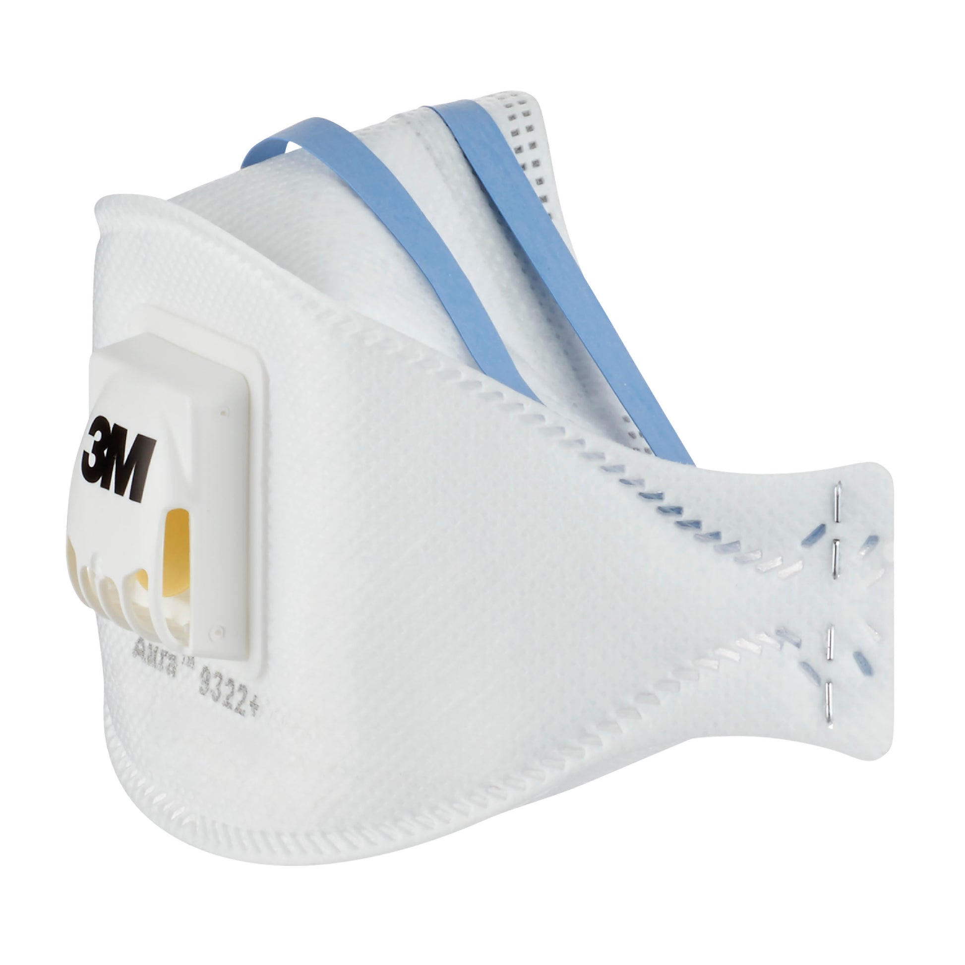 Die 3M™ Aura™ Comfort Cool Flow™ Partikelmaske 9322+ (FFP2) von 3M Deutschland GmbH hat ein weißes Design, ein Ventil, blaue elastische Kopfbänder und sichtbare Nähte, die vor einem unifarbenen Hintergrund dargestellt sind.