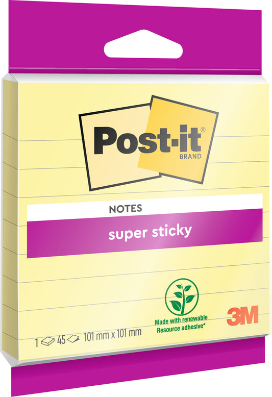 Eine Packung Post-it® Super Sticky Notes im Großformat, liniert (101 mm x 101 mm, 45 Blatt), von 3M Deutschland GmbH, mit "super sticky" Hinweis und PEFC-Zertifizierung.