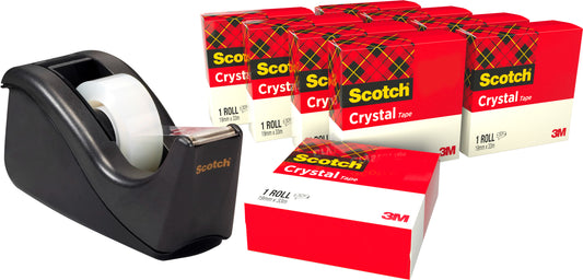 Ein schwarzer Scotch™ C60 Klebebandabroller mit einer Rolle steht neben einer Packung mit 10 Rollen Scotch® Crystal Tape (19 mm x 33 m) der 3M Deutschland GmbH.