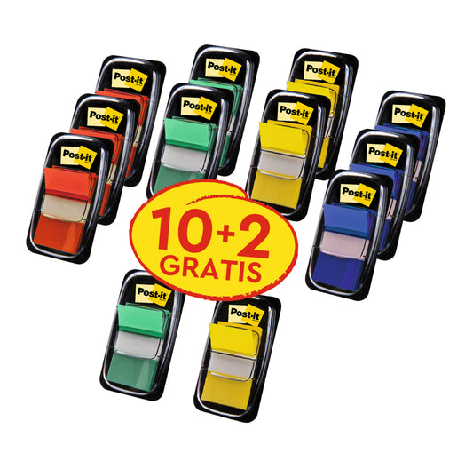 3M Deutschland GmbH Post-it® Index Haftstreifen, Standard, 25,4 x 43,2 mm in verschiedenen Farben: 10 Spender plus 2 gratis (50 Streifen/Spender). Perfekt zum Organisieren und Markieren von Dokumenten.