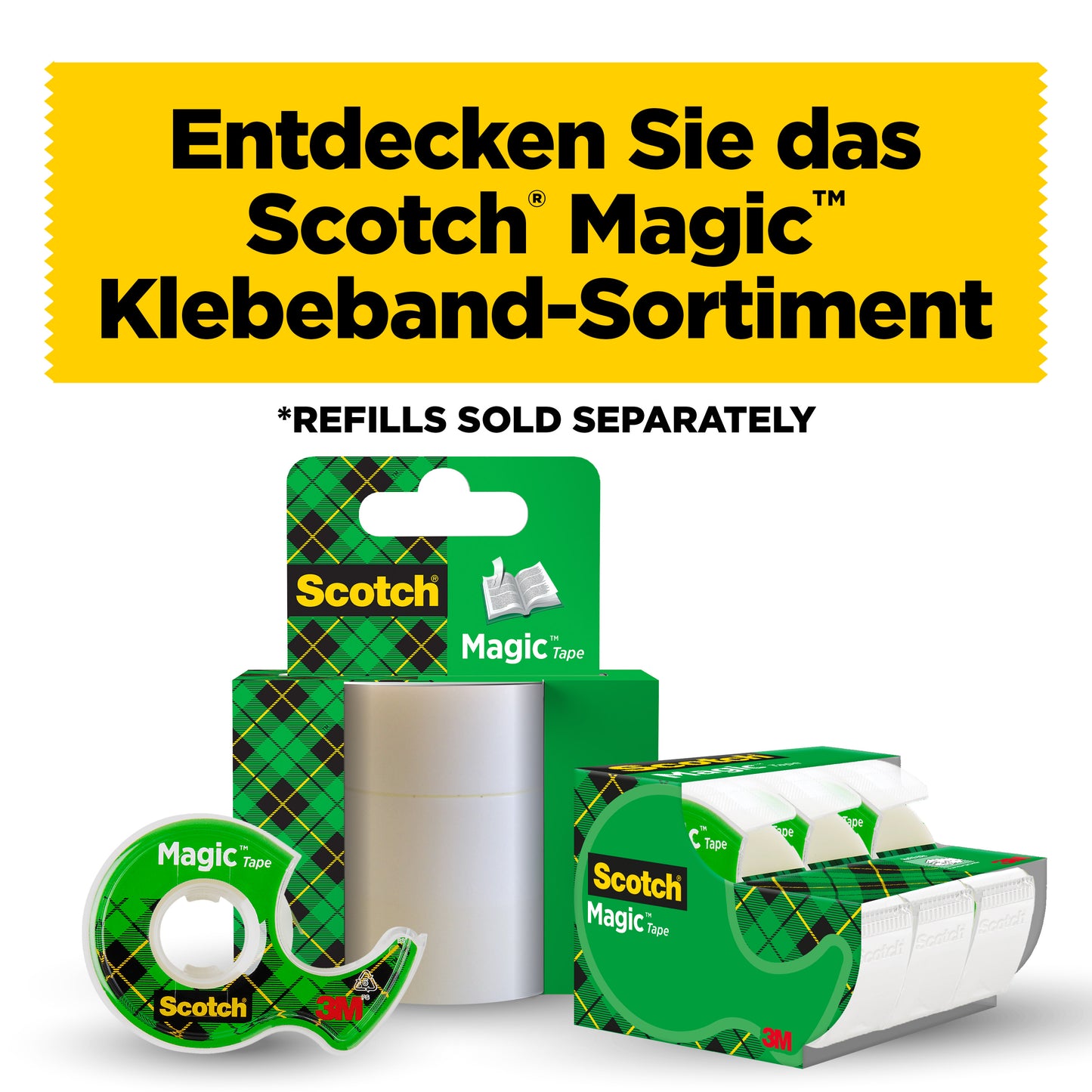 The 3M Deutschland GmbH Scotch® Magic™ Invisible Tape (19 mm x 25 mm) is presented in a handheld dispenser. A yellow banner above announces: "Discover the Scotch Magic Tape range. *Refills available separately.