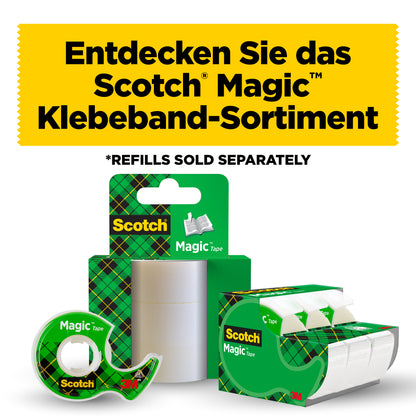 Ein Display mit Scotch® Magic™ Unsichtbares Klebeband von 3M Deutschland GmbH (2 Rollen, 19 mm x 7,5 m) plus 1 Handabroller gratis. Die deutsche Überschrift oben wirbt für das Büro Klebeband-Sortiment auf weißem Hintergrund mit fetter gelber Schrift.