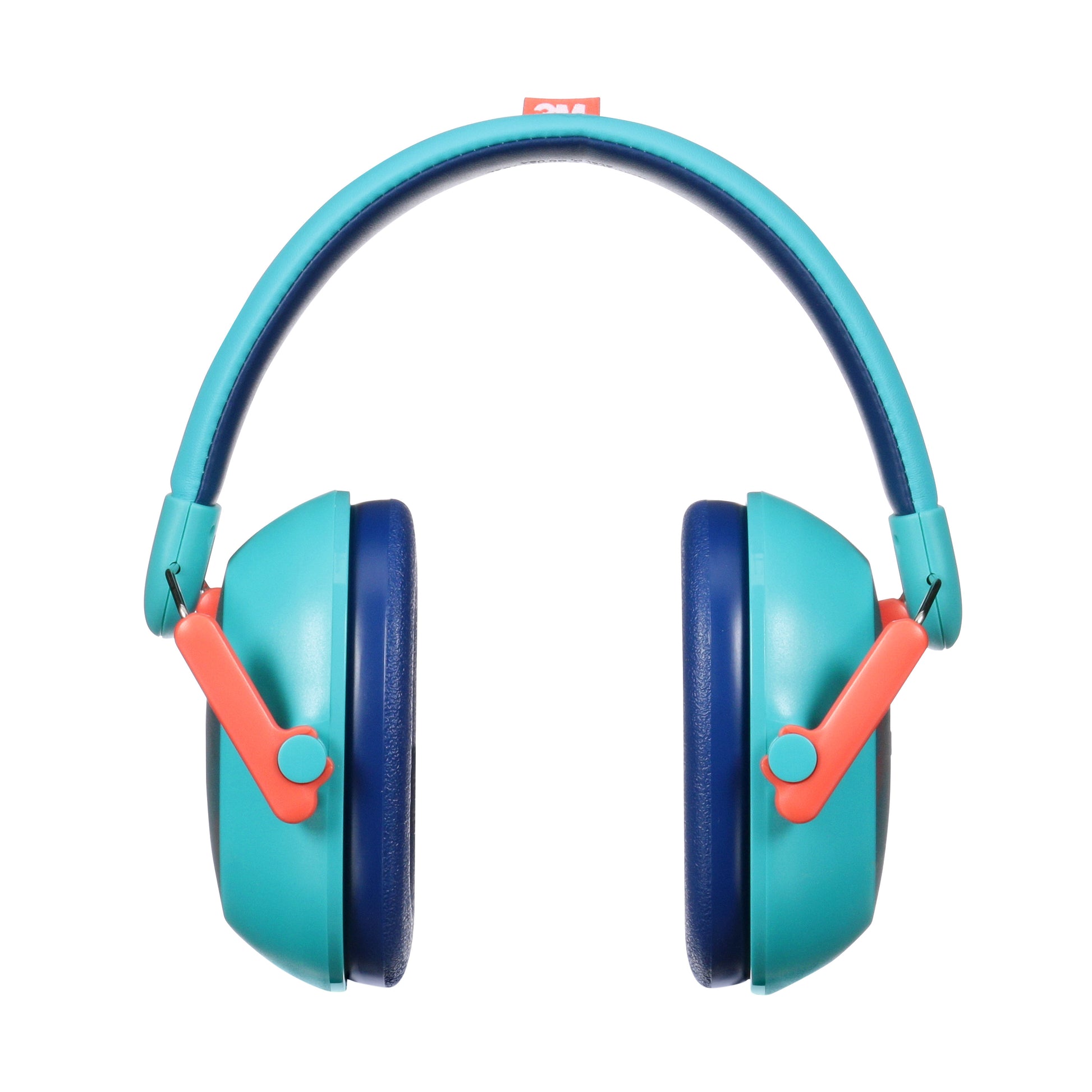 Der 3M™ Gehörschutz für Kinder PKIDSP-TEAL-E, türkis (87-98 dB) von 3M Deutschland GmbH hat türkisfarbene Ohrmuscheln, dunkelblaue Polster und orangefarbene, verstellbare Bügel auf weißem Hintergrund.