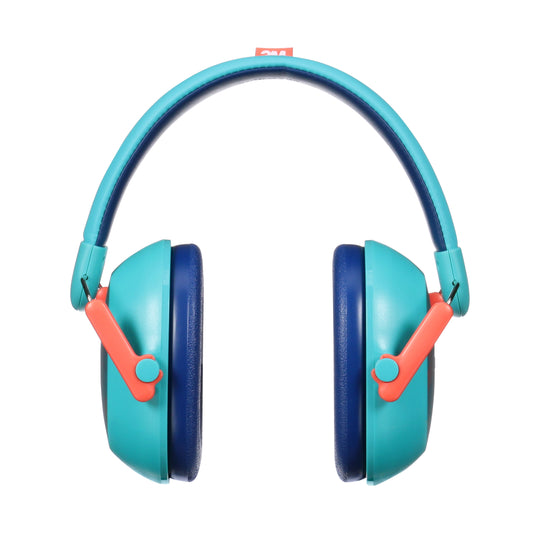 Der 3M™ Gehörschutz für Kinder PKIDSP-TEAL-E, türkis (87-98 dB) von 3M Deutschland GmbH hat türkisfarbene Ohrmuscheln, dunkelblaue Polster und orangefarbene, verstellbare Bügel auf weißem Hintergrund.