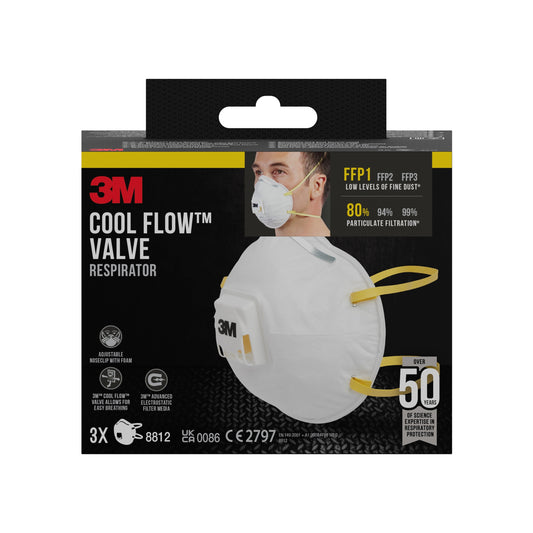 Eine Schachtel 3M™ Cool Flow™ Partikelmaske 8812 FFP1 mit Ventil, von 3M Deutschland GmbH, enthält 3 Masken, bietet FFP1-Schutz mit 80 % Partikelfiltration und ist mit einer Verpackung versehen, auf der eine Person abgebildet ist, die die Maske trägt.