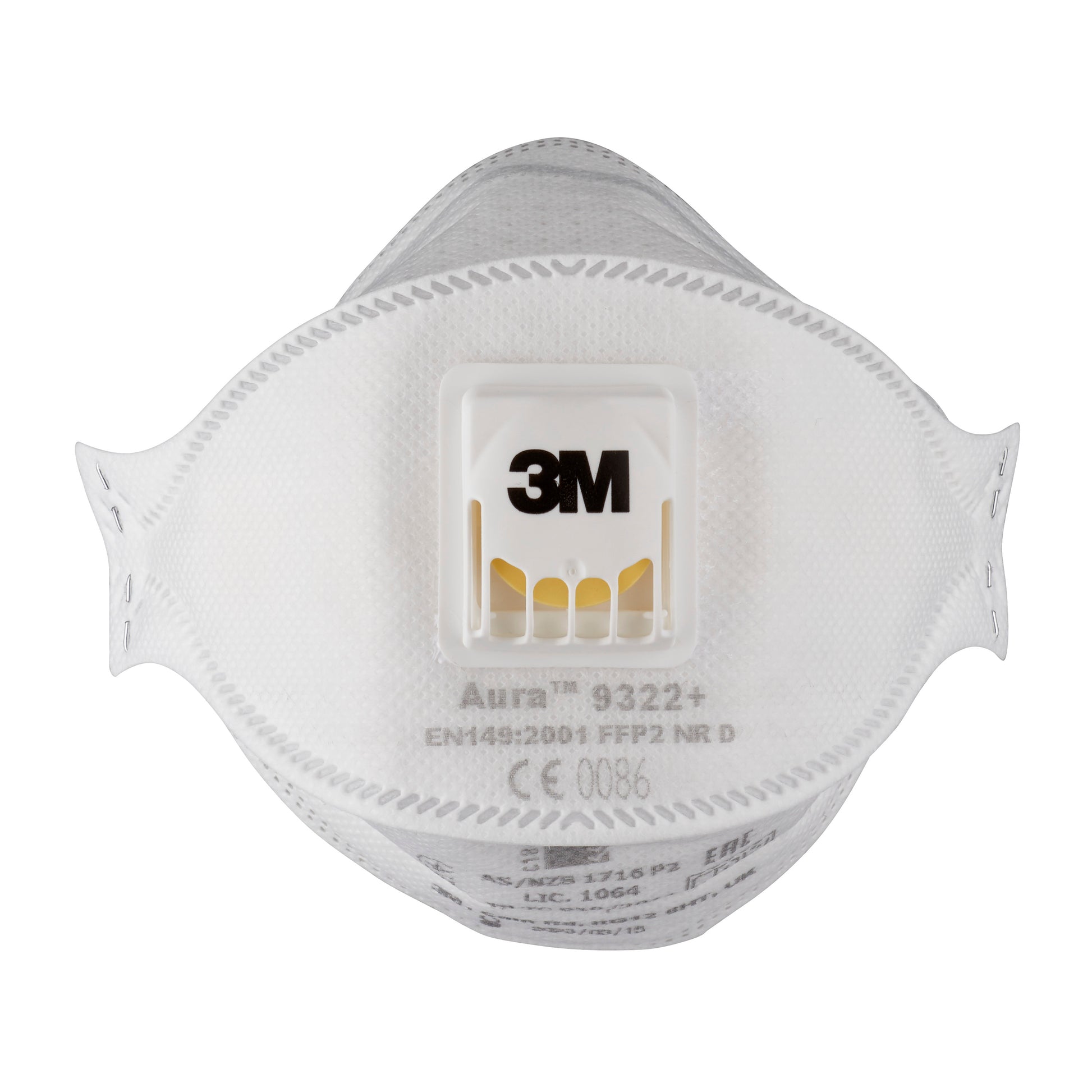Eine 3M™ Aura™ Comfort Cool Flow™ Partikelmaske 9322+, FFP2, mit Ventil von 3M Deutschland GmbH ist frontal auf weißem Hintergrund abgebildet und verfügt über ein zentrales Ausatemventil und aufgedruckte Produktinformationen.